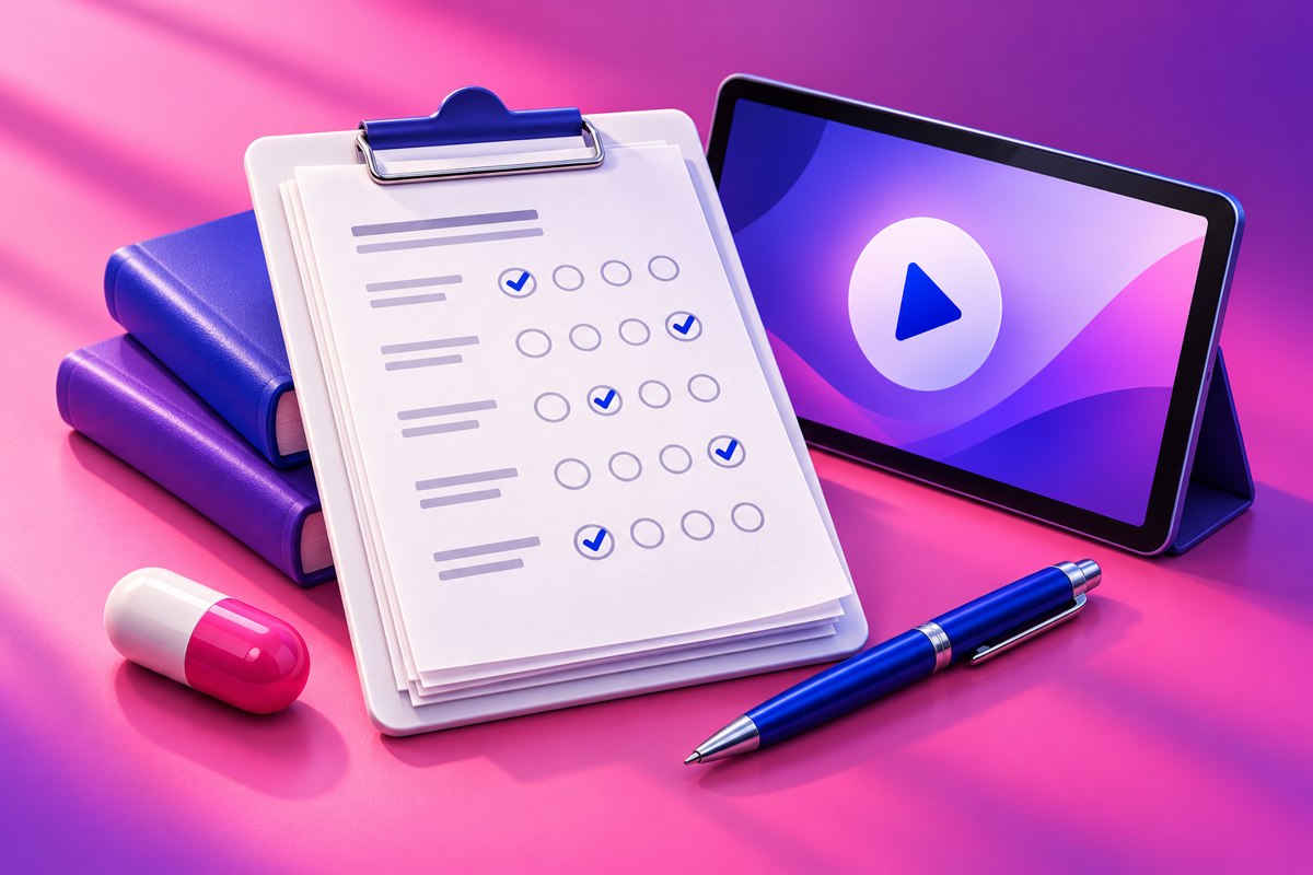 Pink past-paper practice sheets and video-learning tablet