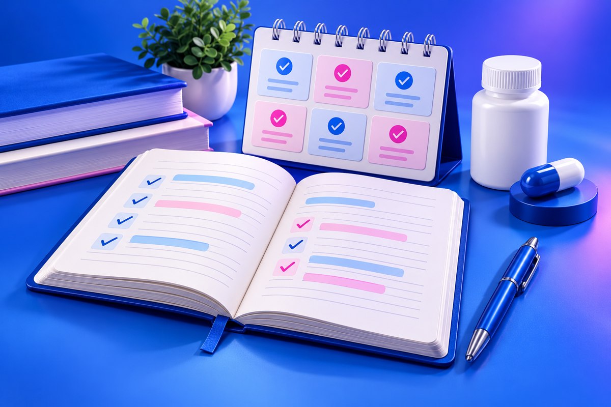 Blue revision notebook, planner and pharmacy study objects